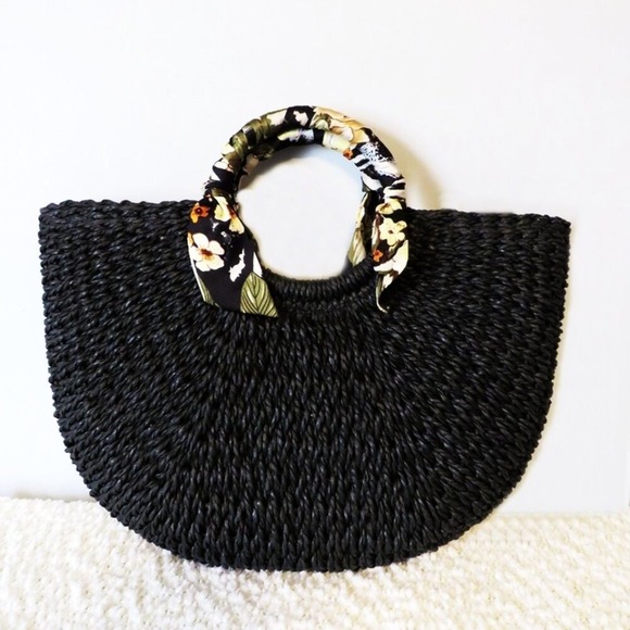 Black Woven Straw Handbag Floral Scarf Accent Beach Bag Tote Purse - Picture 3 of 10